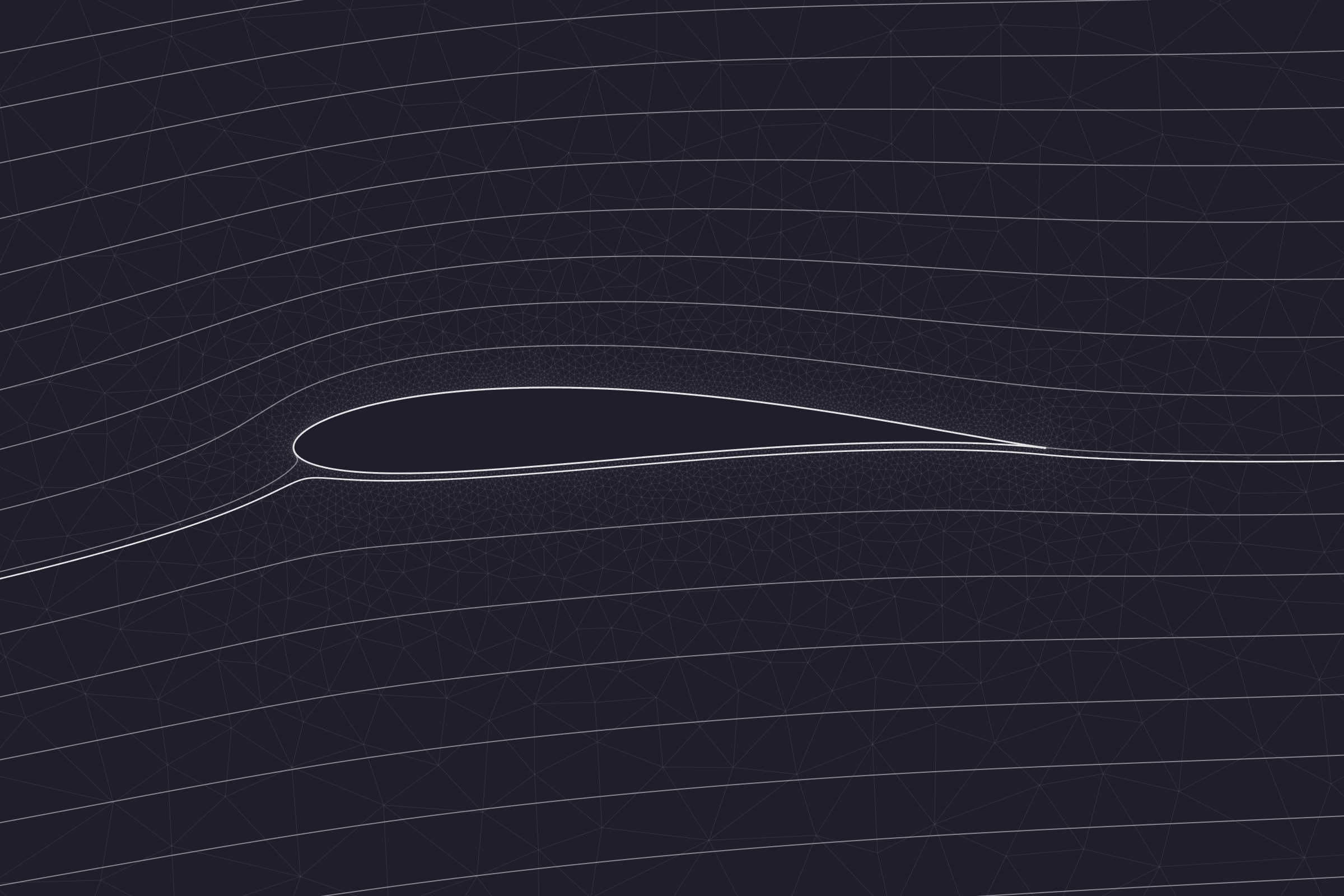 Streamlines of potential flow around an airfoil over a mesh that refines toward its surface